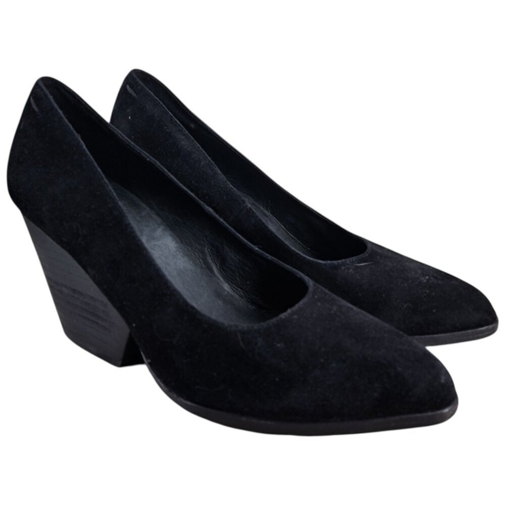 Eileen Fisher Hawk Black Suede Chunky Wedge Block Heels Size 7 Cuban Pumps